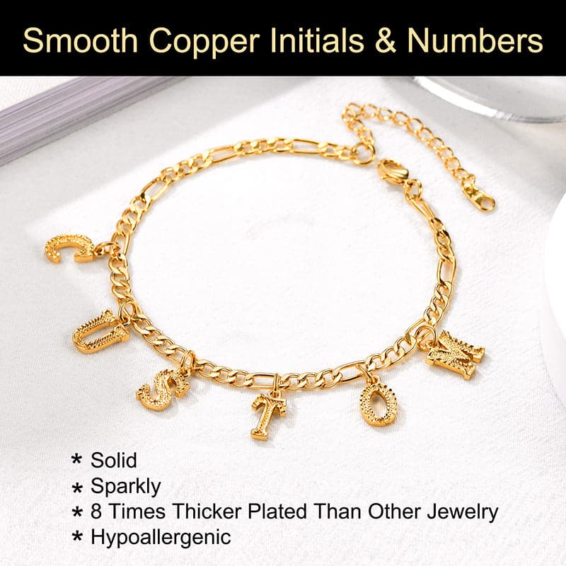 Simple shiny customize 18k gold plated monogram A-Z initials figaro chain name anklet barefoot bracelet for women girls