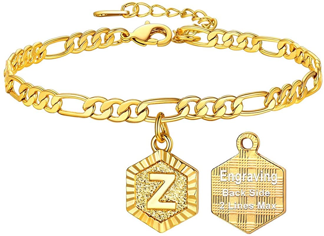 High finish custom 18k gold plated personalized engraving hexagon alphabet A-Z initial figaro chain anklet barefoot bracelet for women teen girls