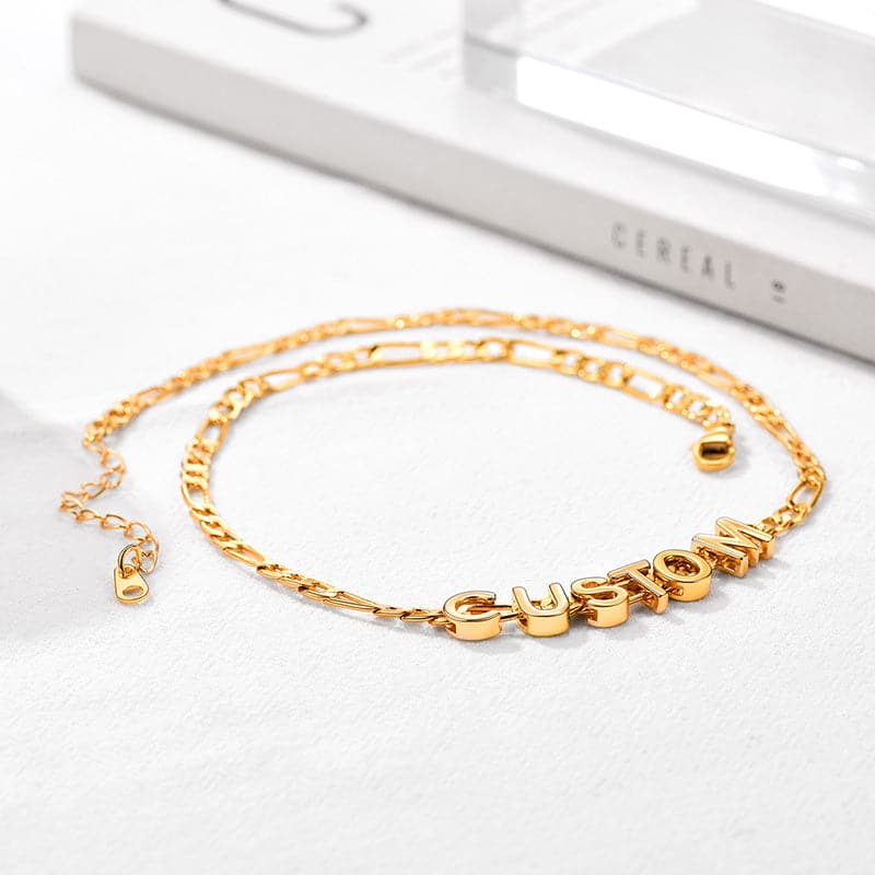 Simple shiny customize 18k gold plated monogram A-Z initials figaro chain name bracelet and necklace for women girls