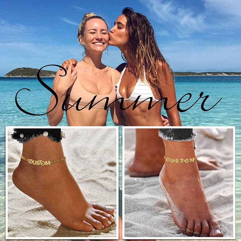 Simple shiny customize 18k gold plated monogram A-Z initials figaro chain name anklet barefoot bracelet for women girls