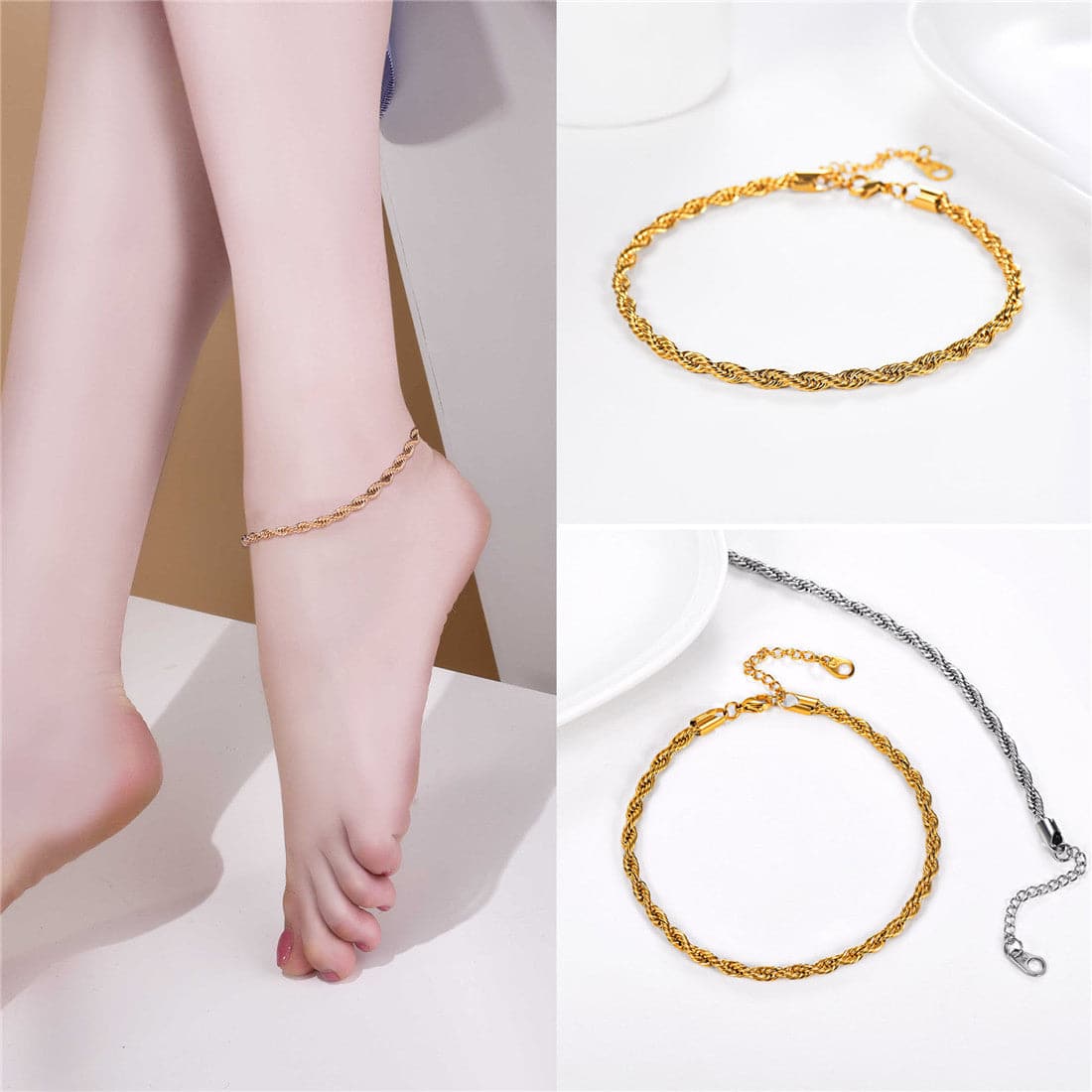 Simple Adjustable Handcrafted Slim 3MM Wide Platinum/18K Gold Plated Twisted Rope Chain Anklet Foot Bracelet Barefoot Jewelry With 5CM Extending Chain For Women Girls