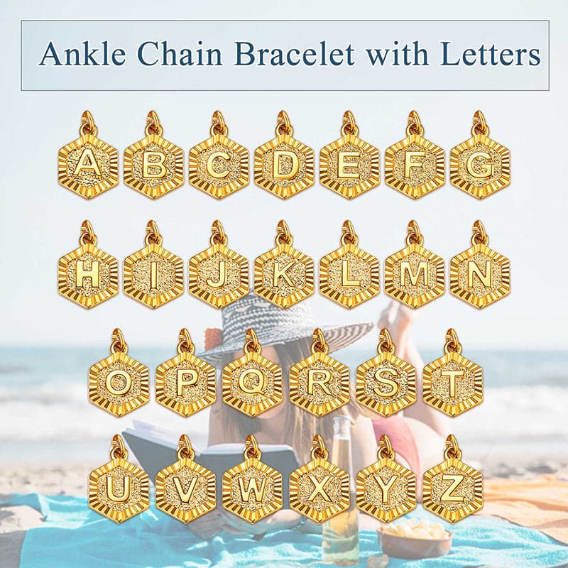 Fashion custom 18k gold plated personalized engraving hexagon alphabet A-Z initial mariner chain anklet barefoot bracelet for women girls, engravable back side