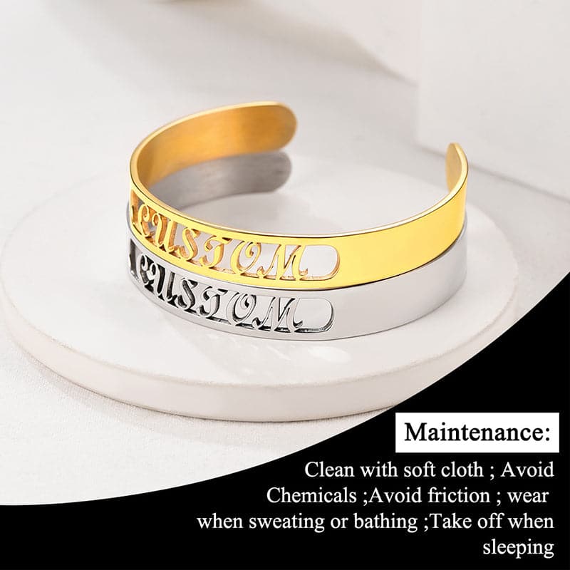 Classic custom 316L stainless steel 18k gold plated hollow out initial name bracelet open cuff bangle for women girls