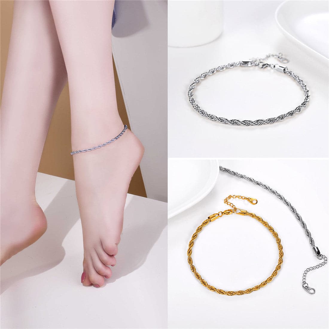 Simple Adjustable Handcrafted Slim 3MM Wide Platinum/18K Gold Plated Twisted Rope Chain Anklet Foot Bracelet Barefoot Jewelry With 5CM Extending Chain For Women Girls
