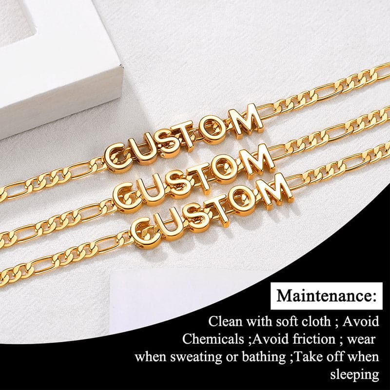 Simple shiny customize 18k gold plated monogram A-Z initials figaro chain name bracelet and necklace for women girls