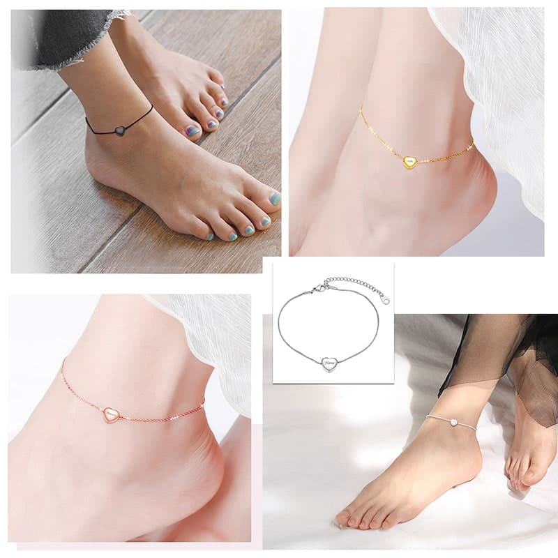 Minimalist female customize engravable 316L stainless steel/18K gold/rose gold/black plated heart bead charm box chain anklet summer barefoot jewelry