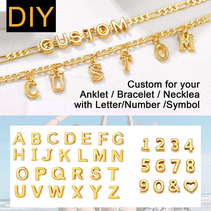 Simple shiny customize 18k gold plated monogram A-Z initials figaro chain name anklet barefoot bracelet for women girls