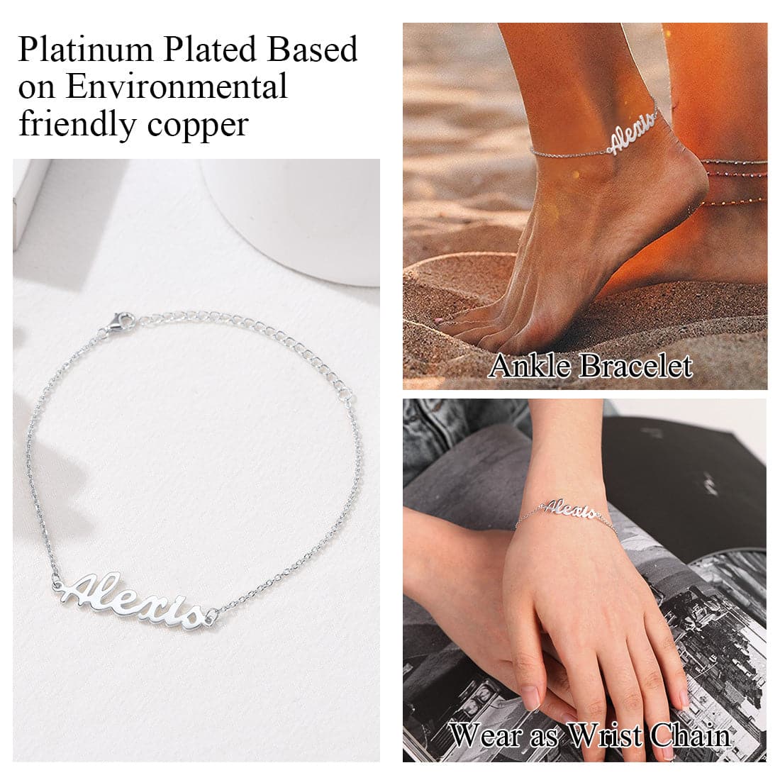 Delicate custom 18k gold/platinum plated personalized engravable name charm anklet barefoot bracelet for women girls