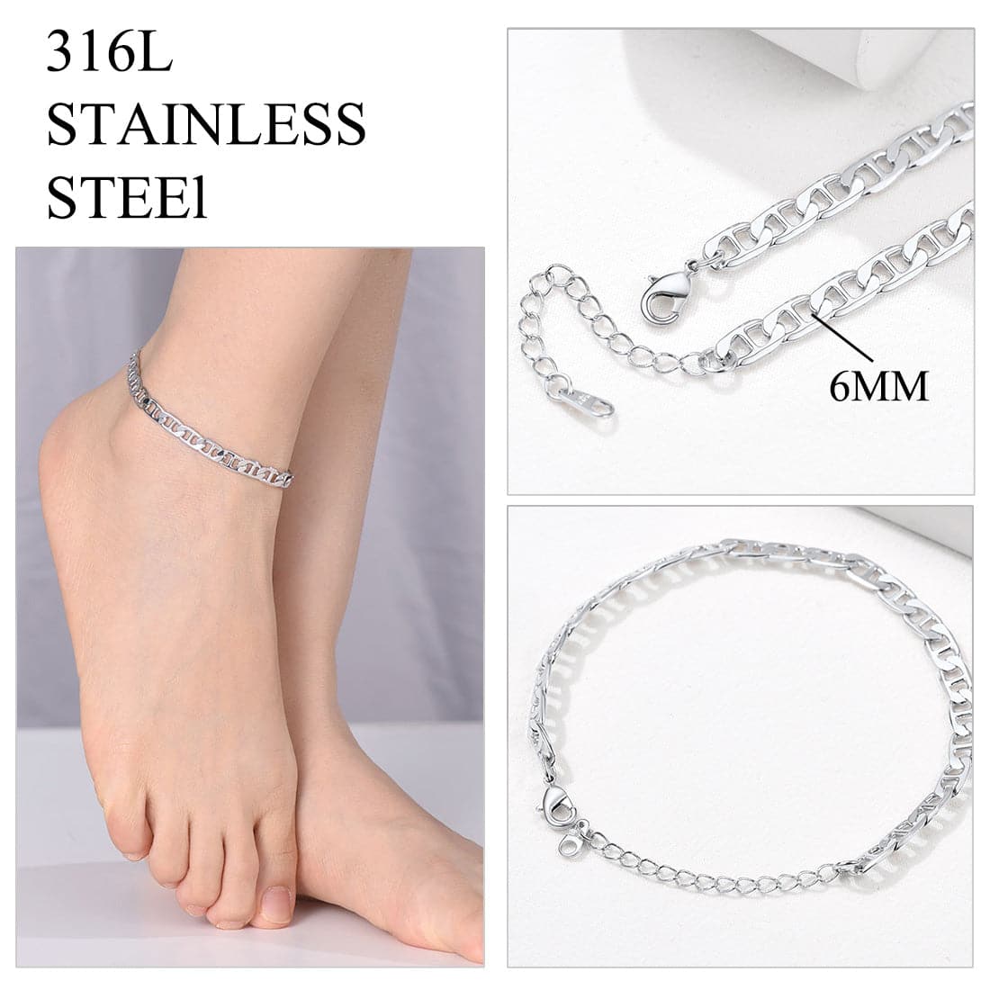 Classic summer beach barefoot jewelry 18k gold/rose gold/platinum plated diamond cut flat mariner link foot chain bracelet anklet for women girls, fit almost all ankle size foot