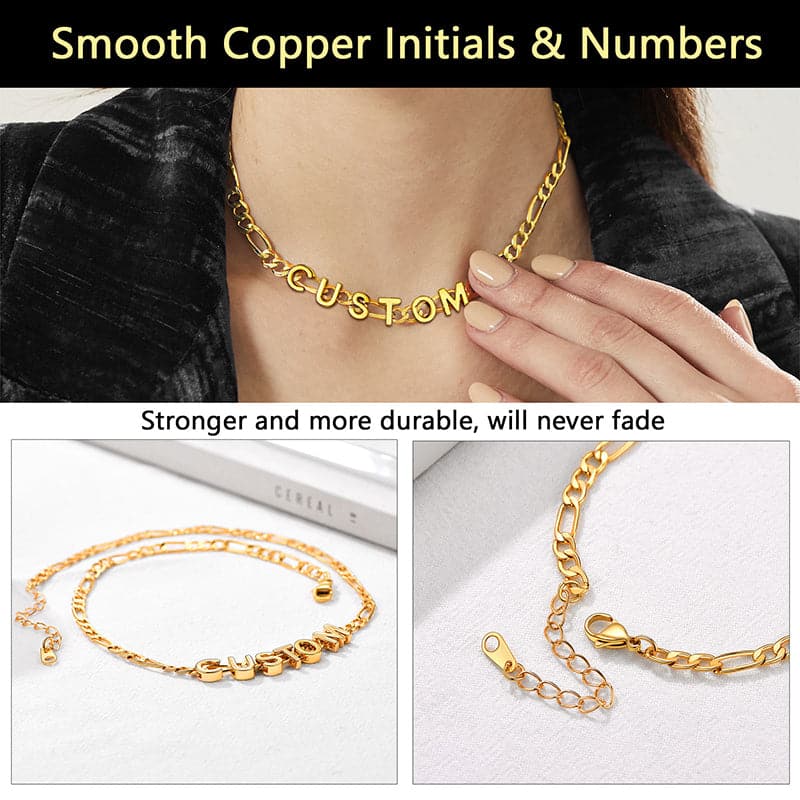 Simple shiny customize 18k gold plated monogram A-Z initials figaro chain name bracelet and necklace for women girls