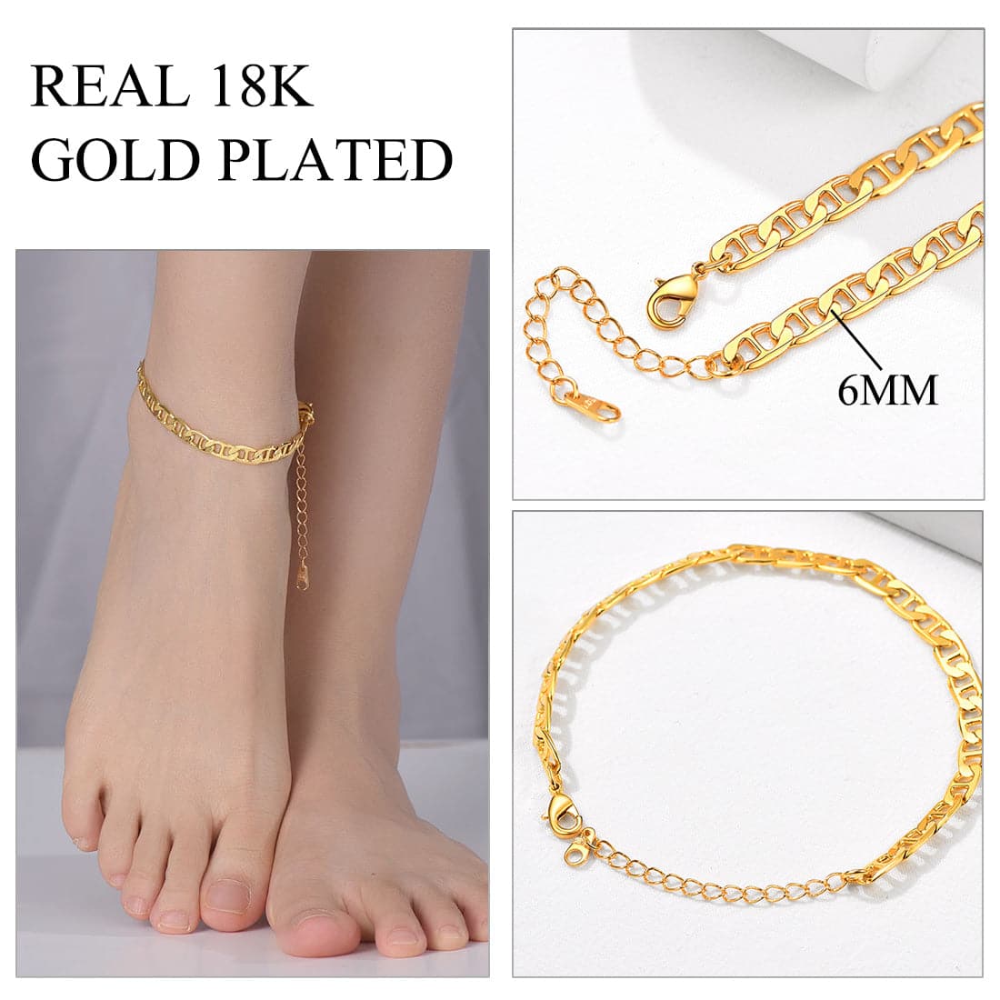 Classic summer beach barefoot jewelry 18k gold/rose gold/platinum plated diamond cut flat mariner link foot chain bracelet anklet for women girls, fit almost all ankle size foot