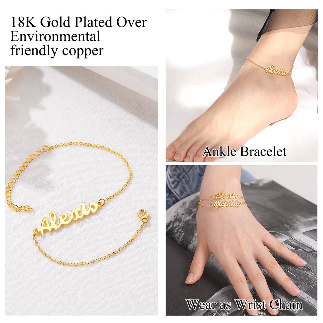 Delicate custom 18k gold/platinum plated personalized engravable name charm anklet barefoot bracelet for women girls
