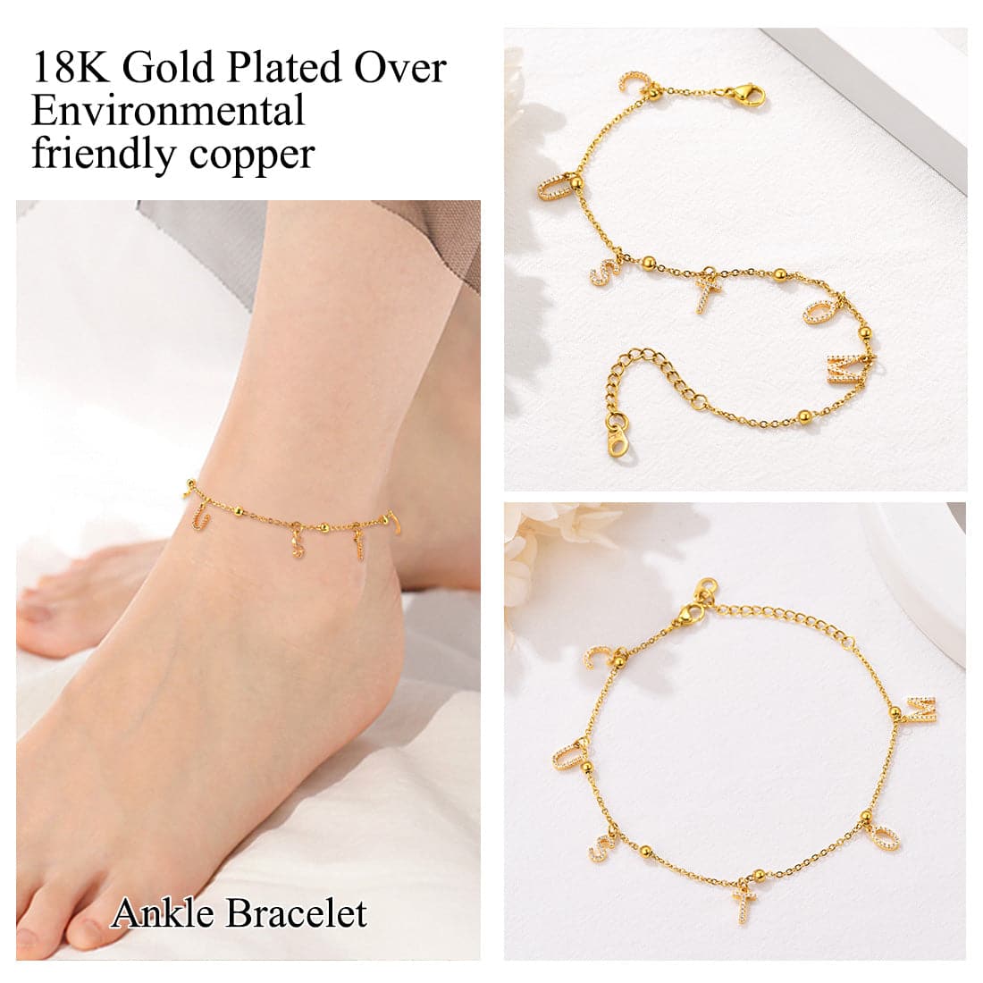 Simple custom 18k gold/platinum plated personalized alphabet charm anklet barefoot bracelet for women girls