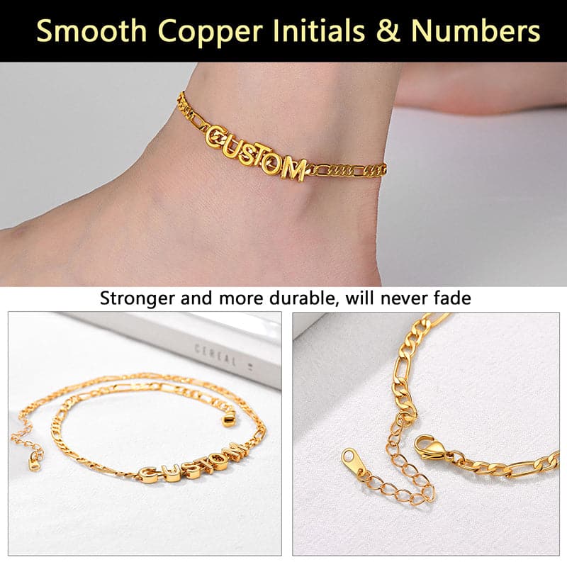 Simple shiny customize 18k gold plated monogram A-Z initials figaro chain name anklet barefoot bracelet for women girls