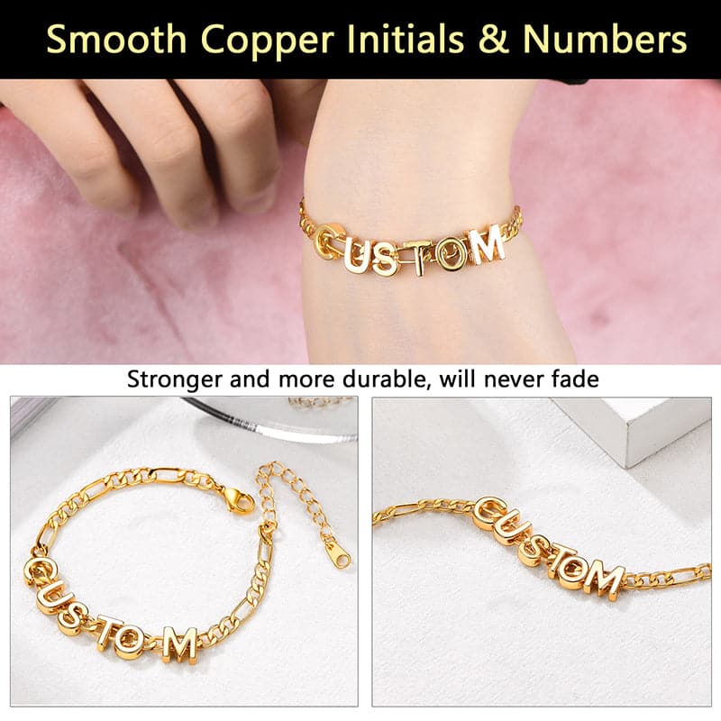 Simple shiny customize 18k gold plated monogram A-Z initials figaro chain name bracelet and necklace for women girls