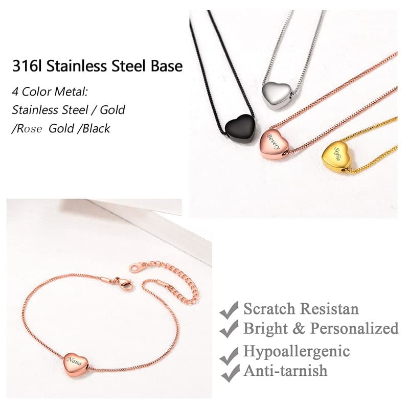 Minimalist female customize engravable 316L stainless steel/18K gold/rose gold/black plated heart bead charm box chain anklet summer barefoot jewelry