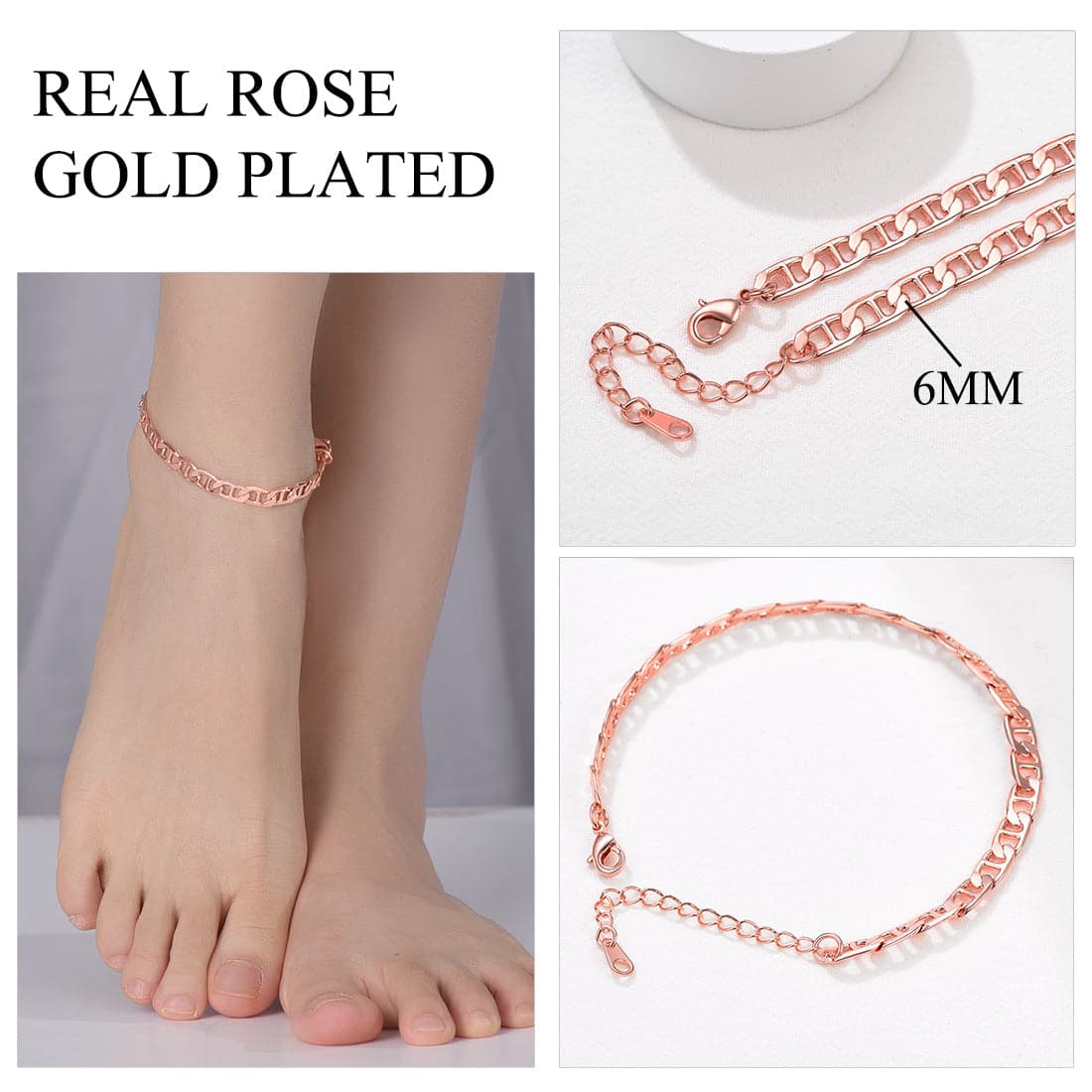 Classic summer beach barefoot jewelry 18k gold/rose gold/platinum plated diamond cut flat mariner link foot chain bracelet anklet for women girls, fit almost all ankle size foot
