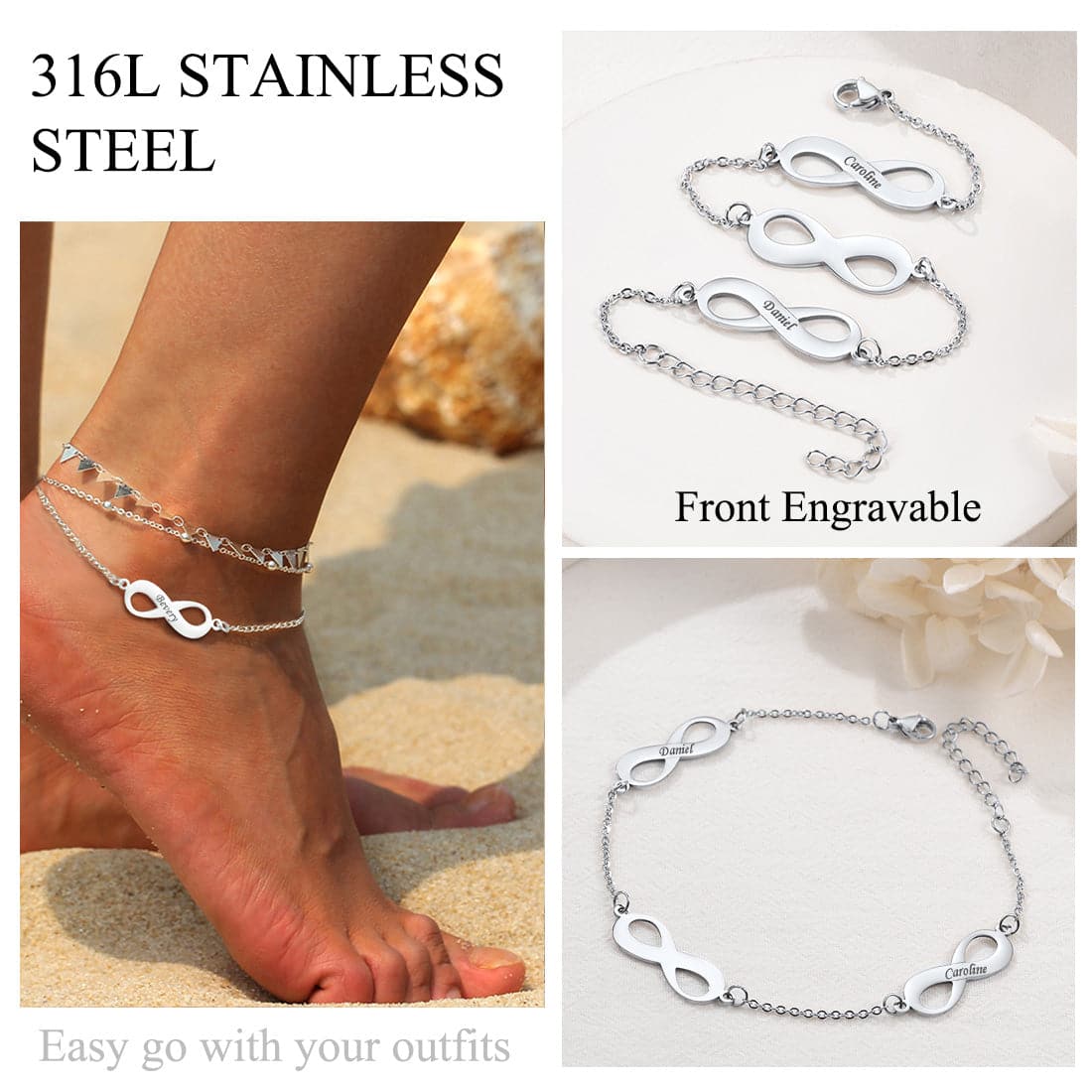 Dainty customized 316L stainless steel 18k gold plated personalized engravable infinity symbol name charm anklet bracelet for women girls