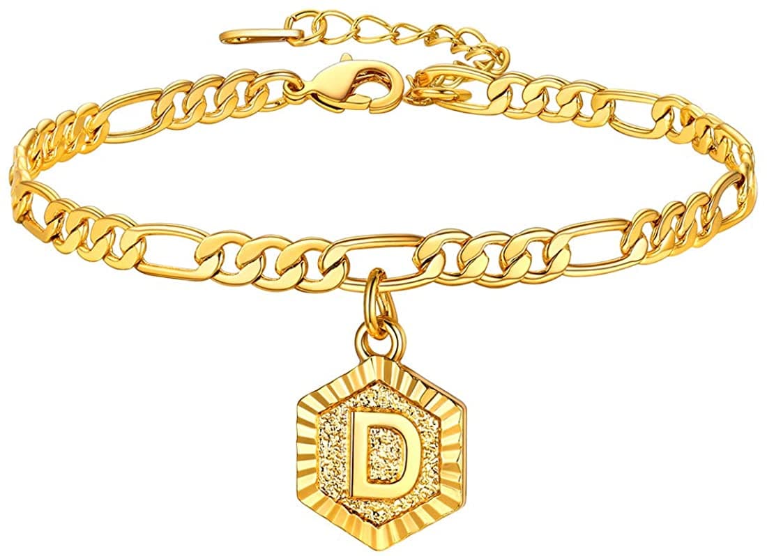 High finish custom 18k gold plated personalized engraving hexagon alphabet A-Z initial figaro chain anklet barefoot bracelet for women teen girls
