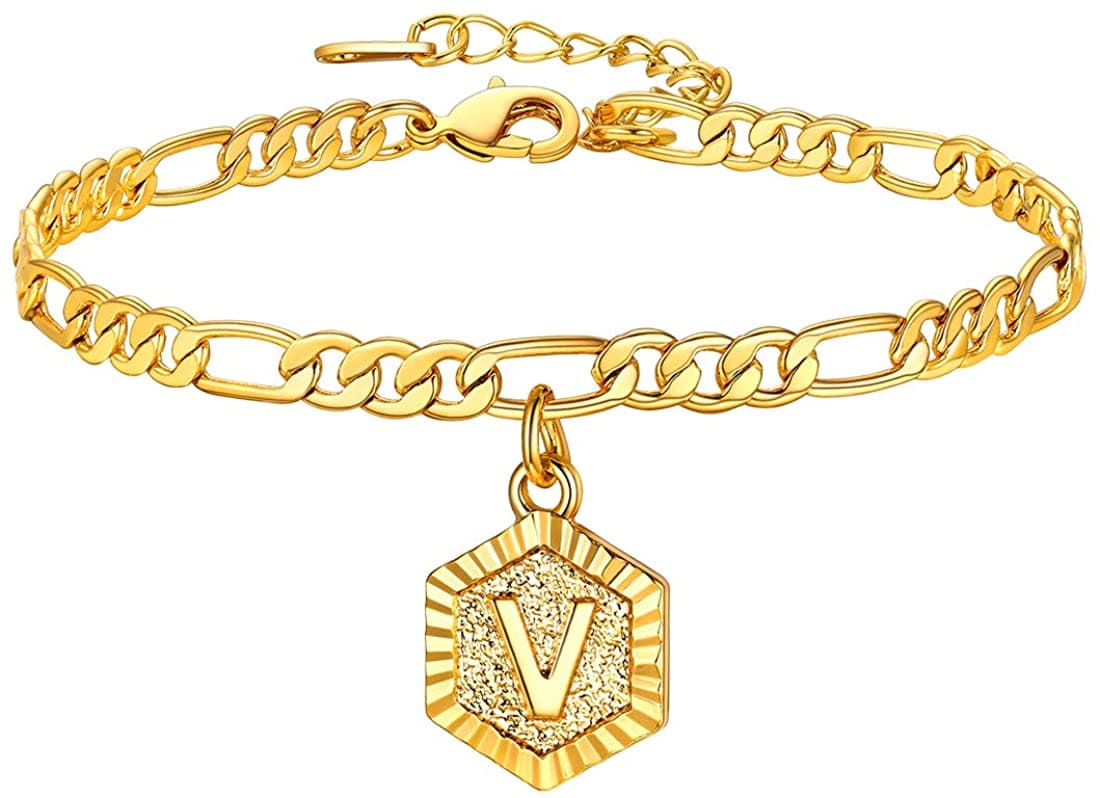 High finish custom 18k gold plated personalized engraving hexagon alphabet A-Z initial figaro chain anklet barefoot bracelet for women teen girls