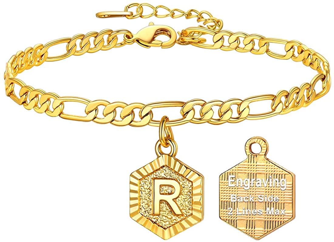 High finish custom 18k gold plated personalized engraving hexagon alphabet A-Z initial figaro chain anklet barefoot bracelet for women teen girls