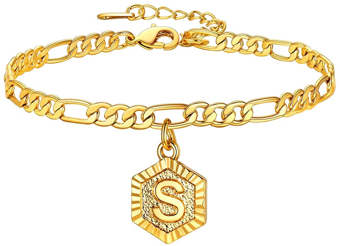 High finish custom 18k gold plated personalized engraving hexagon alphabet A-Z initial figaro chain anklet barefoot bracelet for women teen girls