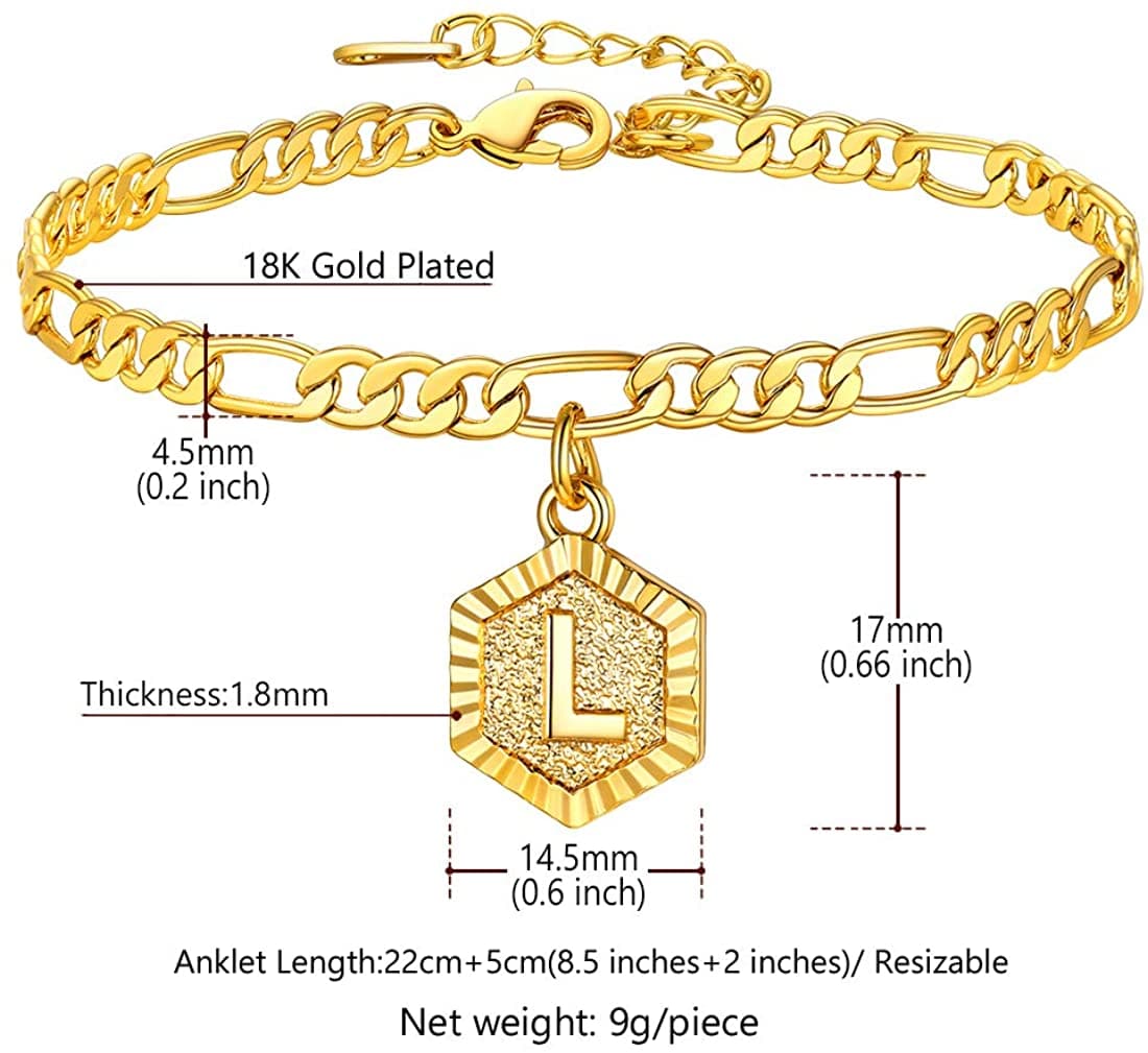 High finish custom 18k gold plated personalized engraving hexagon alphabet A-Z initial figaro chain anklet barefoot bracelet for women teen girls