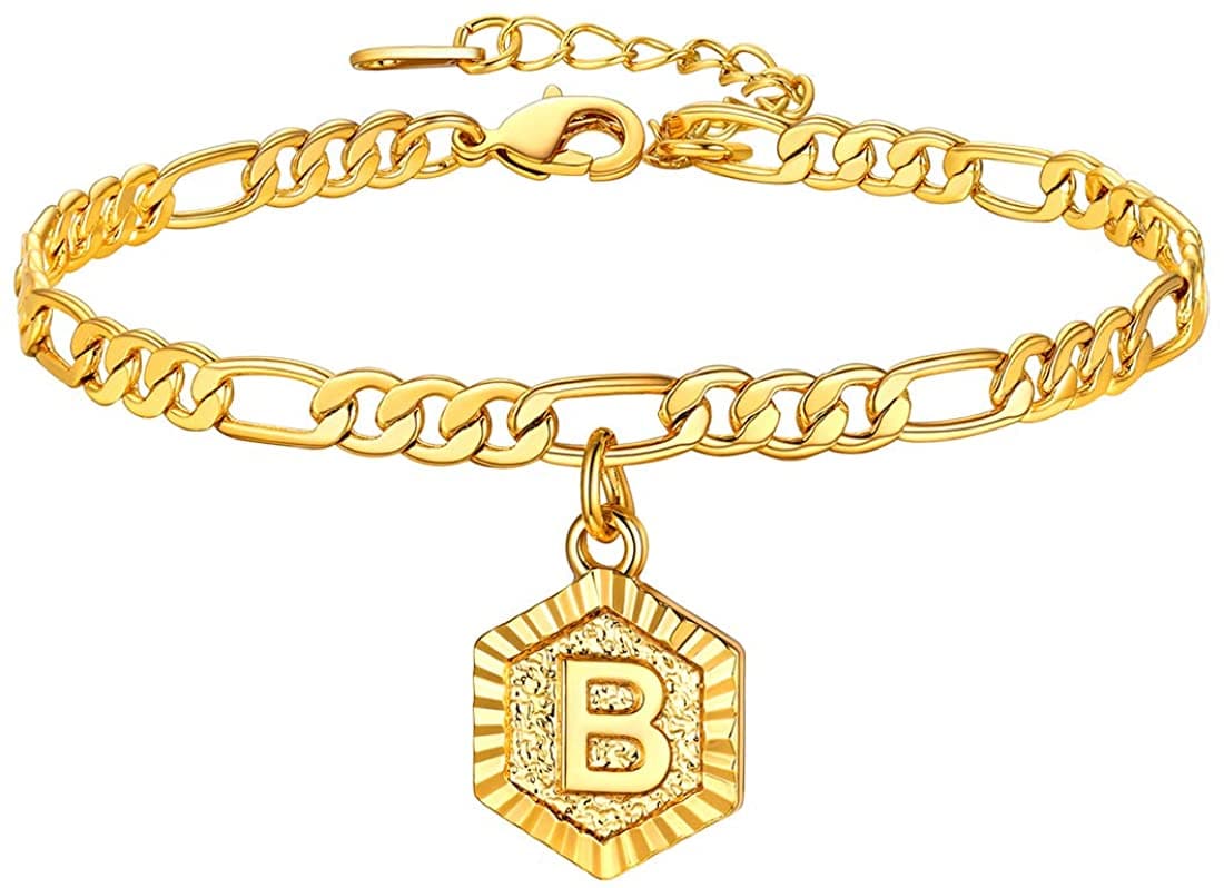 High finish custom 18k gold plated personalized engraving hexagon alphabet A-Z initial figaro chain anklet barefoot bracelet for women teen girls