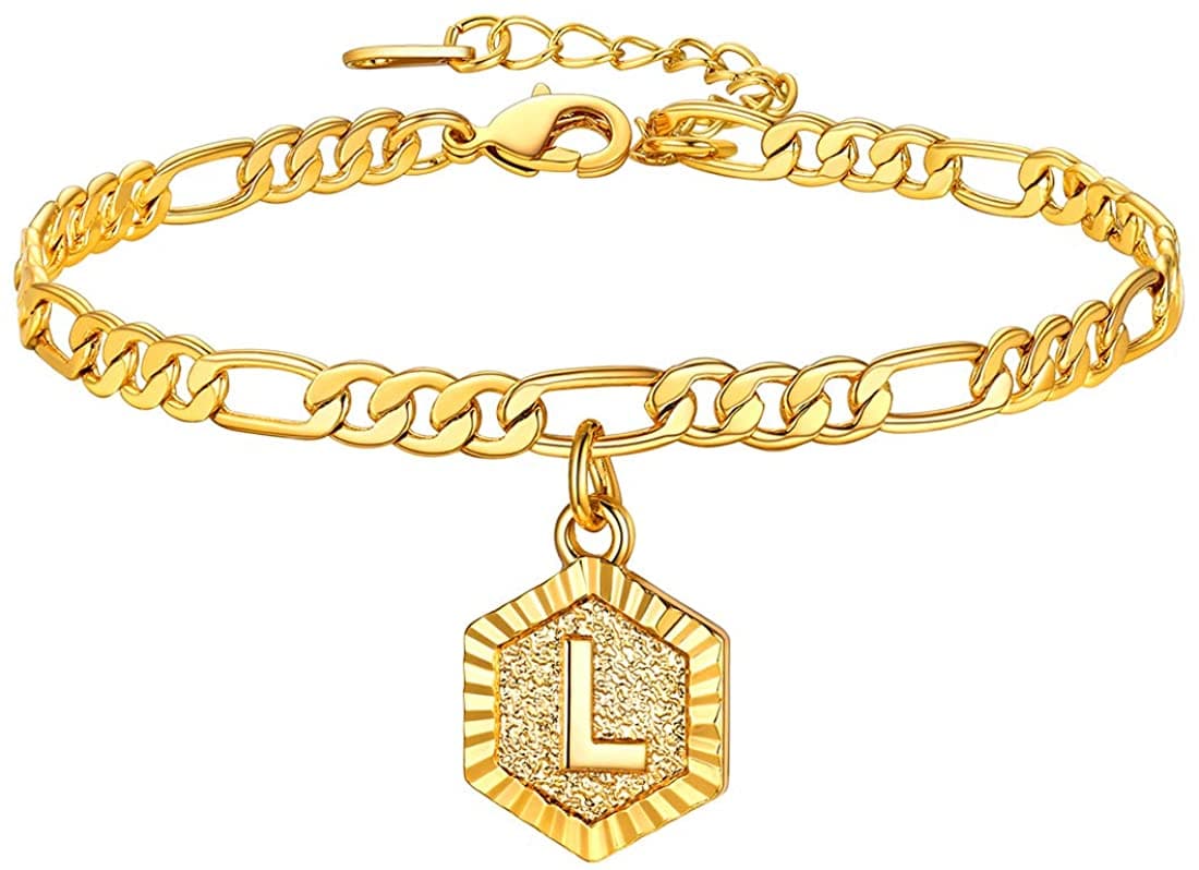 High finish custom 18k gold plated personalized engraving hexagon alphabet A-Z initial figaro chain anklet barefoot bracelet for women teen girls