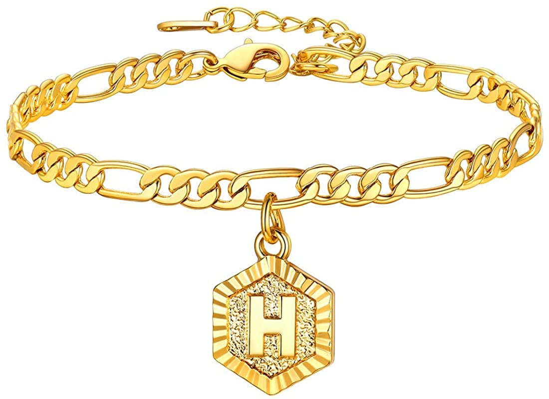 High finish custom 18k gold plated personalized engraving hexagon alphabet A-Z initial figaro chain anklet barefoot bracelet for women teen girls