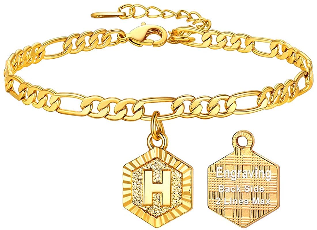 High finish custom 18k gold plated personalized engraving hexagon alphabet A-Z initial figaro chain anklet barefoot bracelet for women teen girls