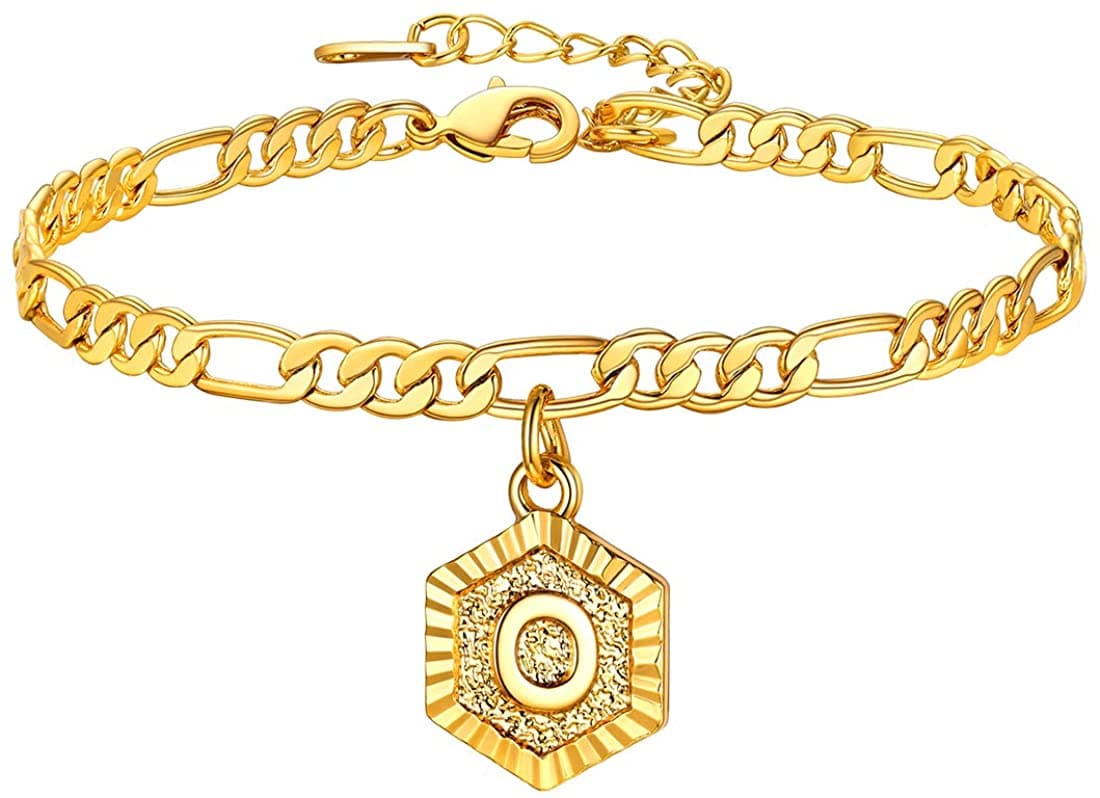 High finish custom 18k gold plated personalized engraving hexagon alphabet A-Z initial figaro chain anklet barefoot bracelet for women teen girls