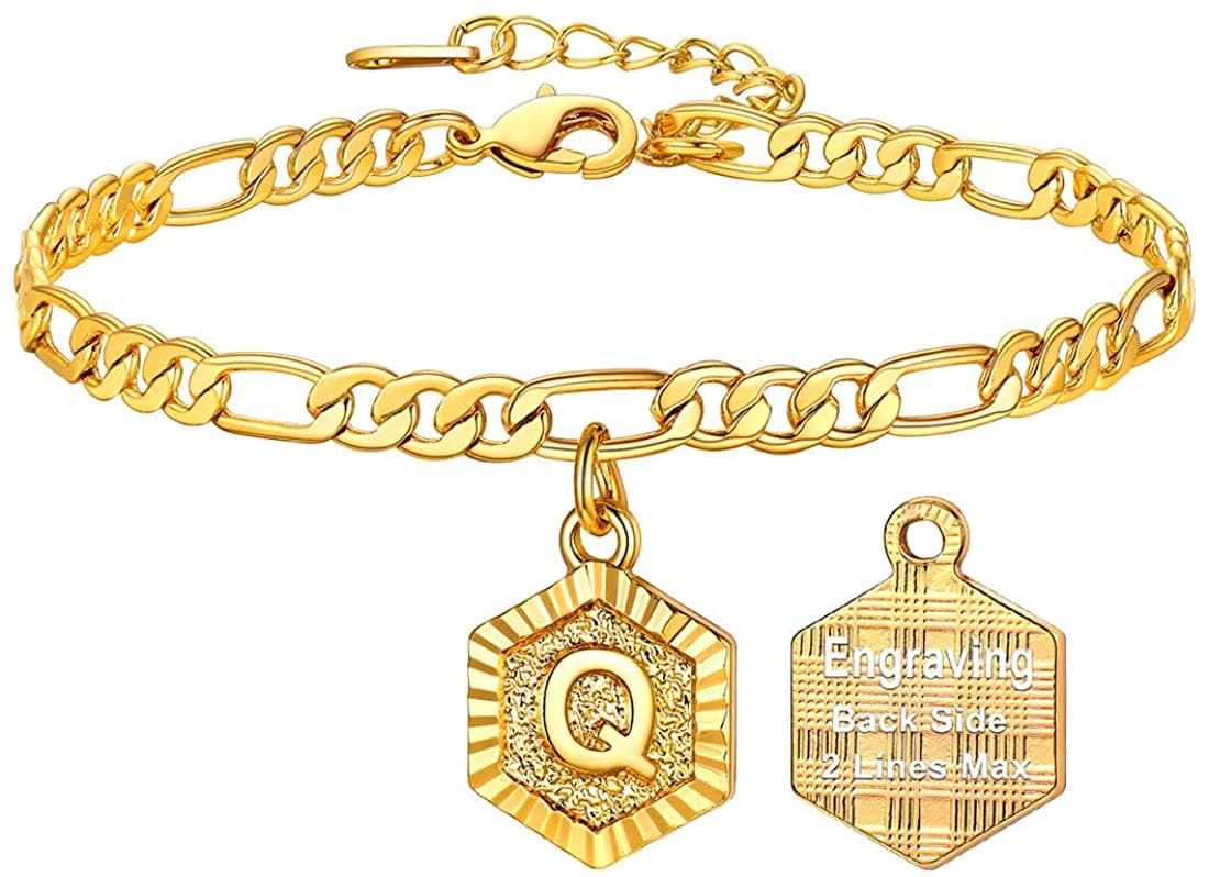 High finish custom 18k gold plated personalized engraving hexagon alphabet A-Z initial figaro chain anklet barefoot bracelet for women teen girls