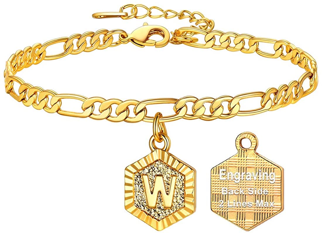 High finish custom 18k gold plated personalized engraving hexagon alphabet A-Z initial figaro chain anklet barefoot bracelet for women teen girls