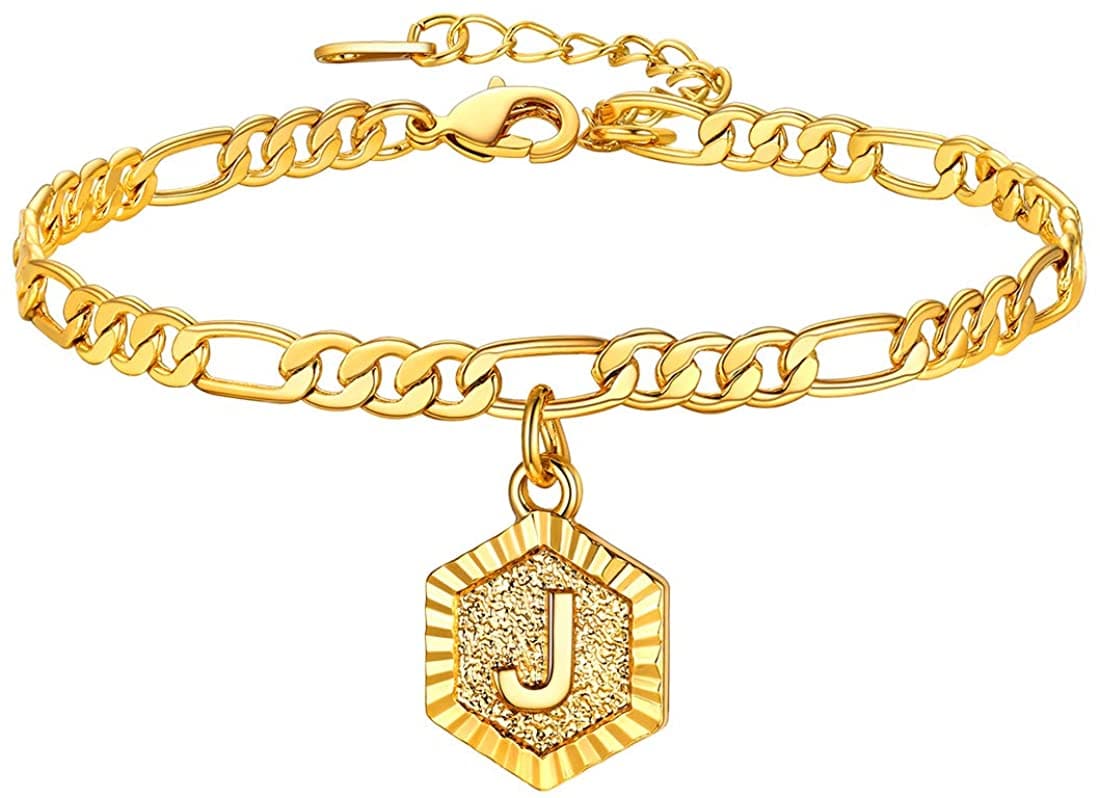 High finish custom 18k gold plated personalized engraving hexagon alphabet A-Z initial figaro chain anklet barefoot bracelet for women teen girls