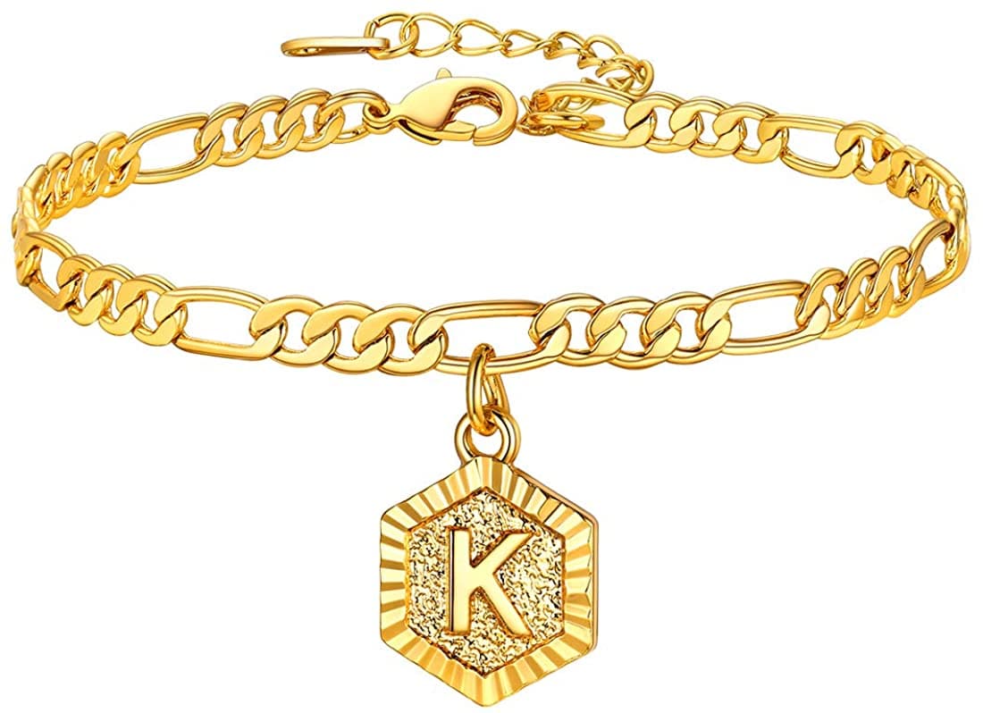 High finish custom 18k gold plated personalized engraving hexagon alphabet A-Z initial figaro chain anklet barefoot bracelet for women teen girls