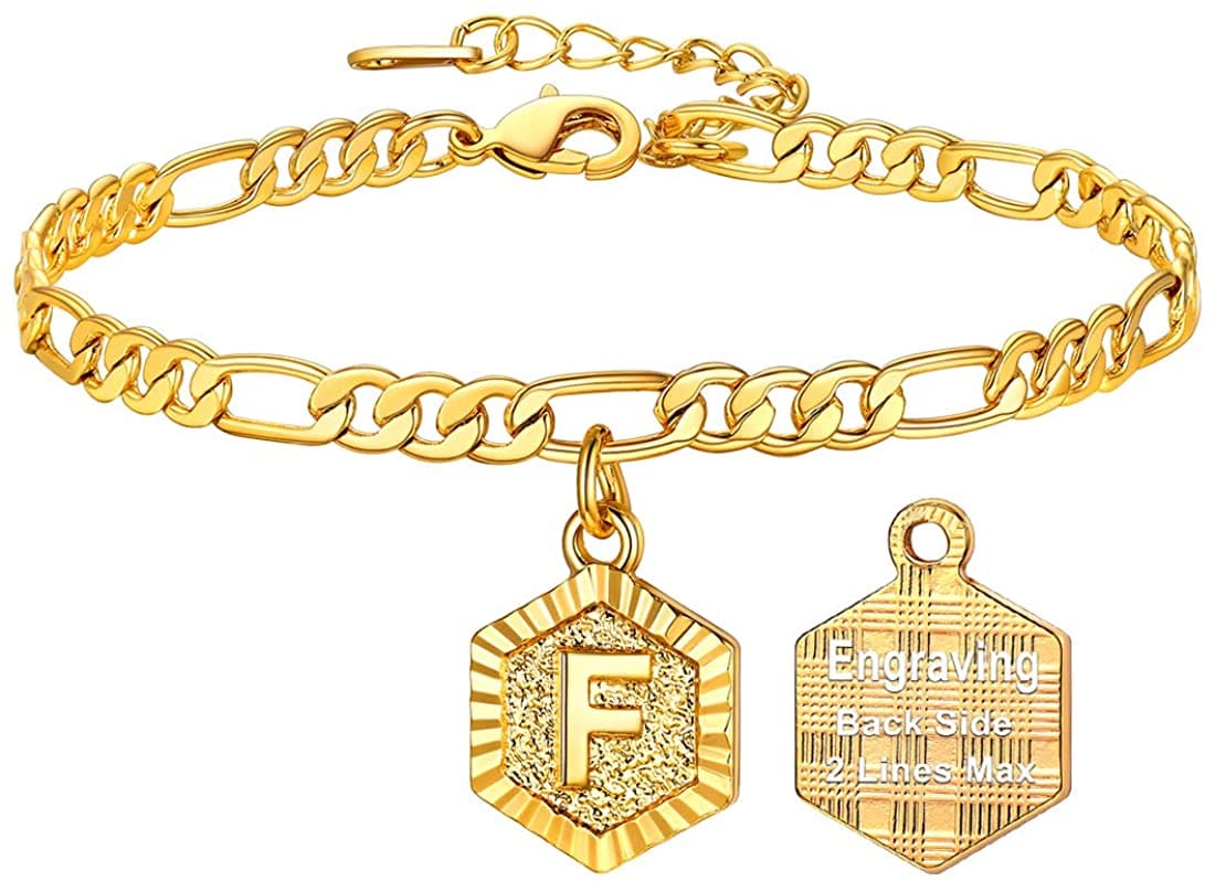 High finish custom 18k gold plated personalized engraving hexagon alphabet A-Z initial figaro chain anklet barefoot bracelet for women teen girls