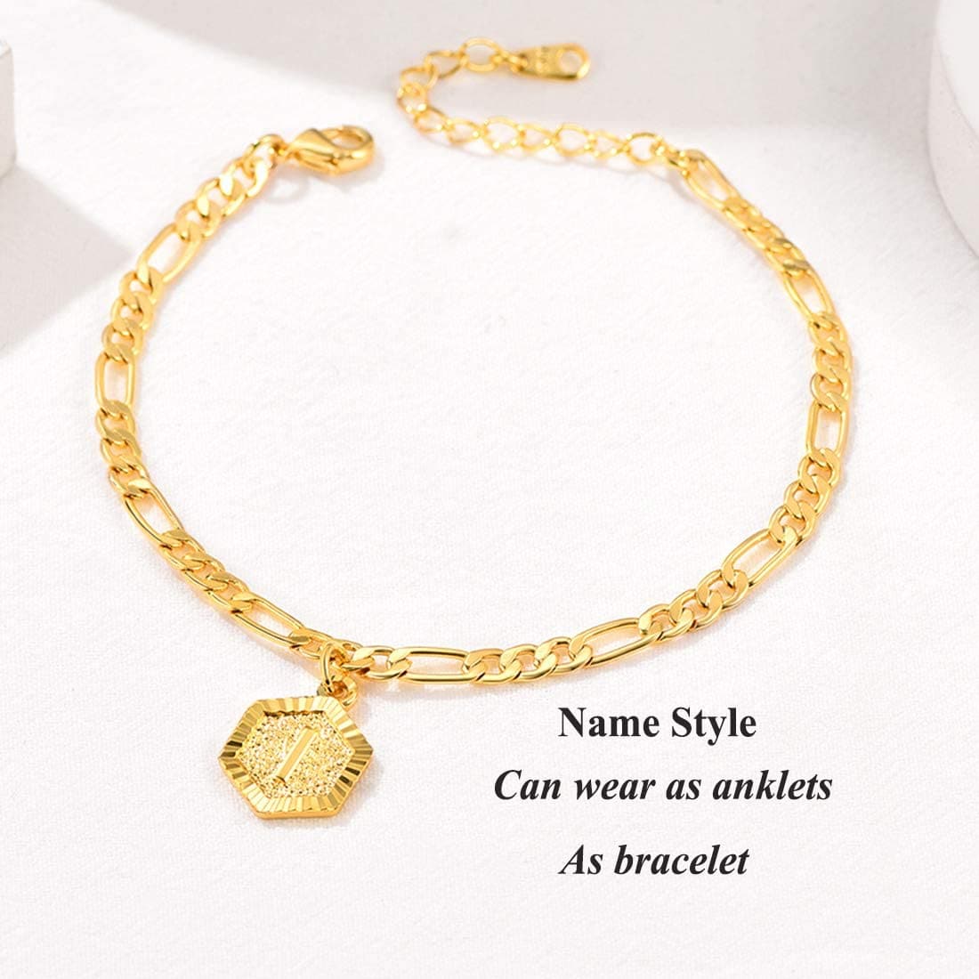 High finish custom 18k gold plated personalized engraving hexagon alphabet A-Z initial figaro chain anklet barefoot bracelet for women teen girls