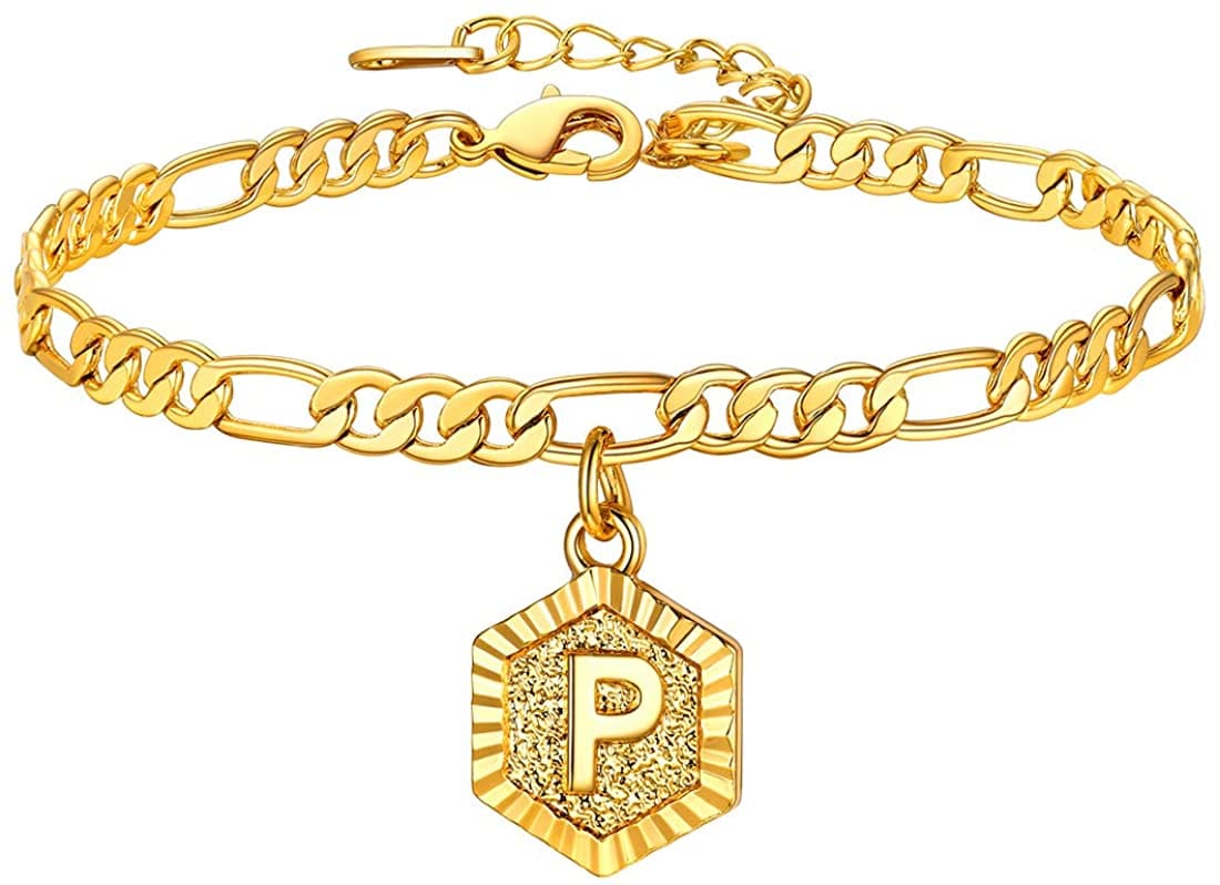 High finish custom 18k gold plated personalized engraving hexagon alphabet A-Z initial figaro chain anklet barefoot bracelet for women teen girls