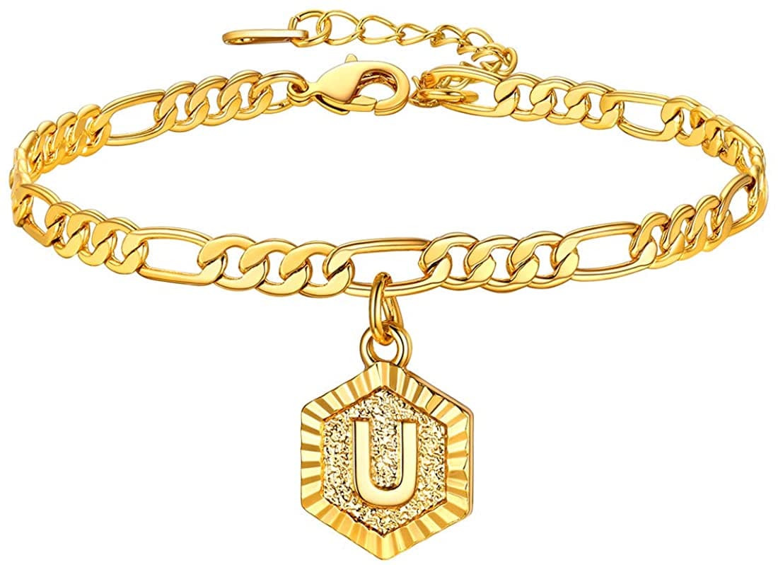 High finish custom 18k gold plated personalized engraving hexagon alphabet A-Z initial figaro chain anklet barefoot bracelet for women teen girls