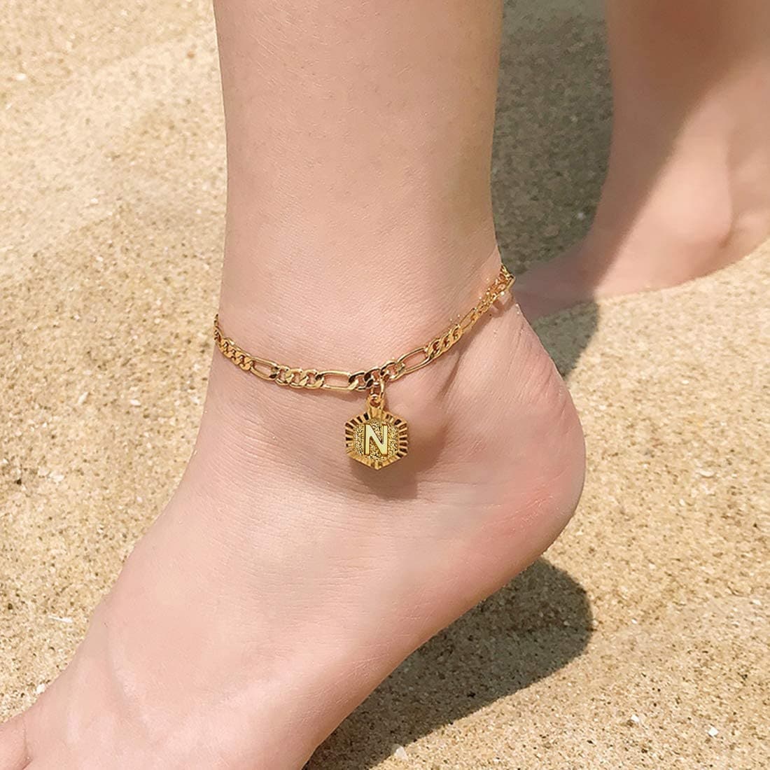 High finish custom 18k gold plated personalized engraving hexagon alphabet A-Z initial figaro chain anklet barefoot bracelet for women teen girls