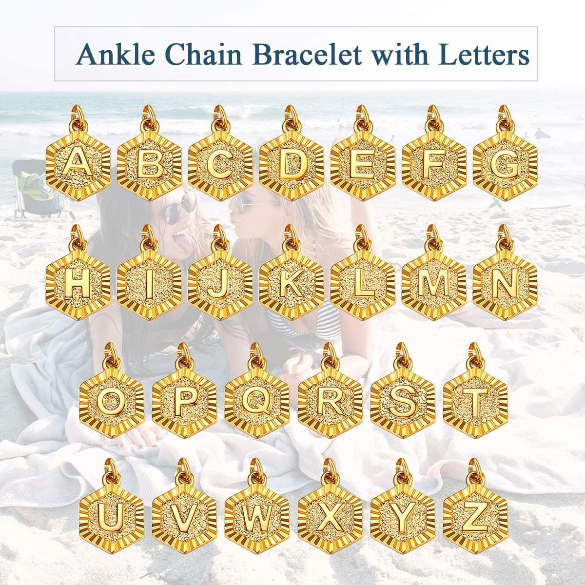 High finish custom 18k gold plated personalized engraving hexagon alphabet A-Z initial figaro chain anklet barefoot bracelet for women teen girls