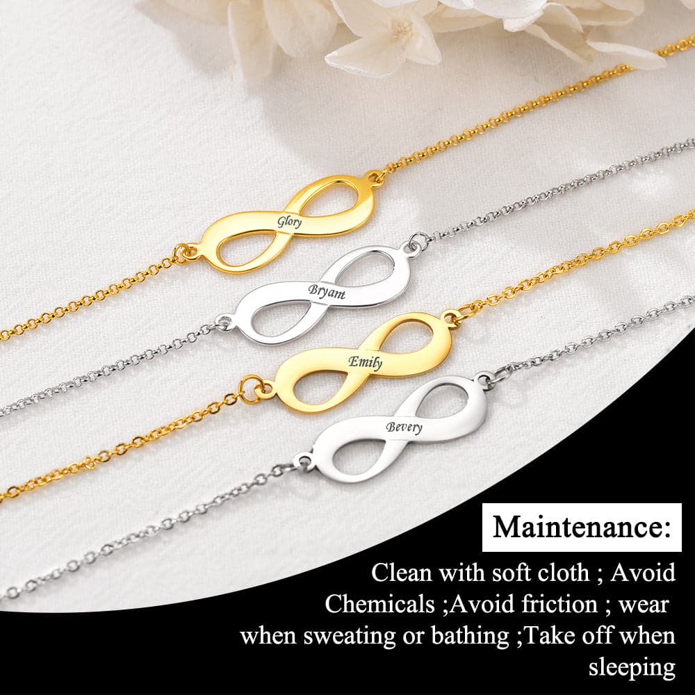 Dainty customized 925 sterling silver 18k gold plated personalized engravable infinity symbol name charm abklet bracelet for women girls, symbolizes eternity and everlasting love & friendship. 