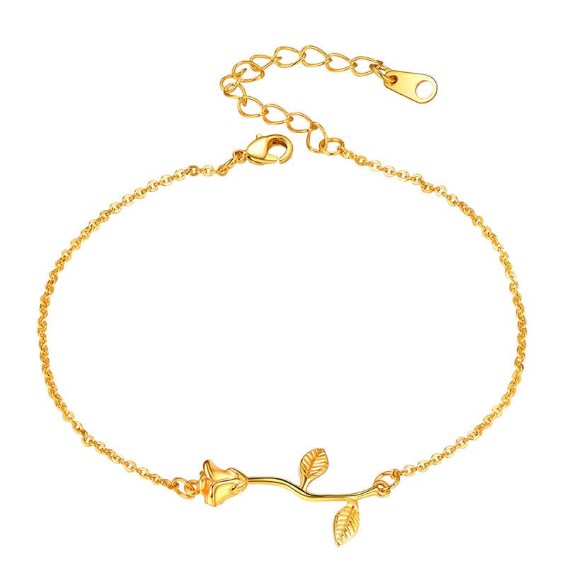 18k Gold Plated Stem Yellow Rose Flower Charm Delicate Link Chain Ankle Bracelet Anklet For Women