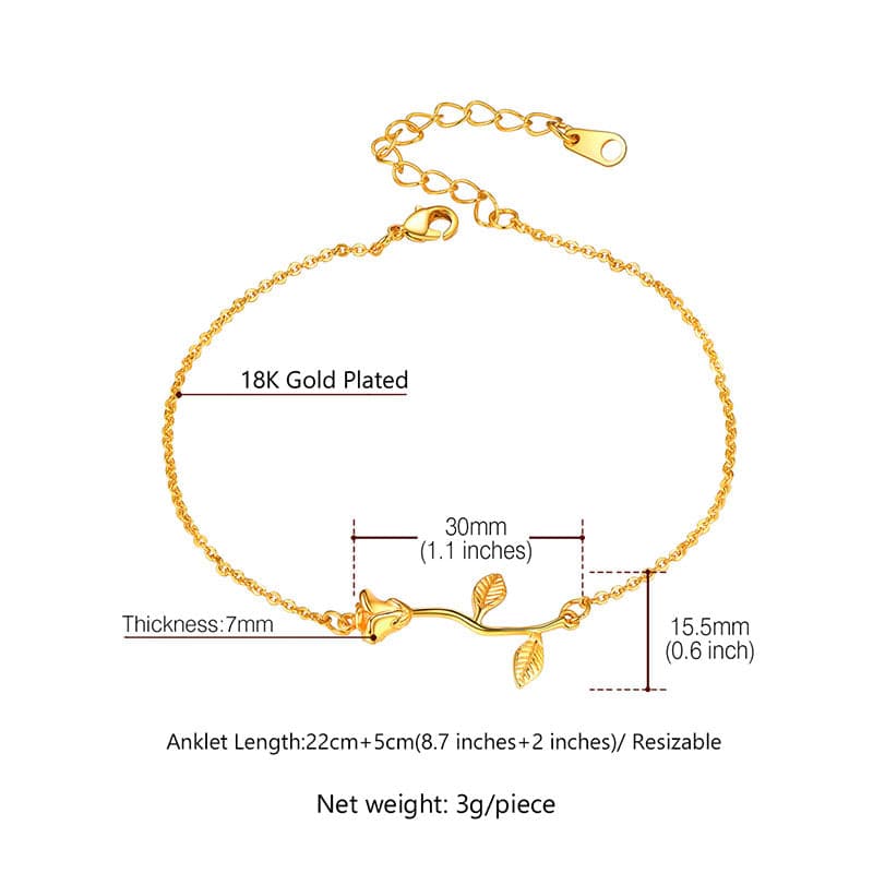 18k Gold Plated Stem Yellow Rose Flower Charm Delicate Link Chain Ankle Bracelet Anklet For Women