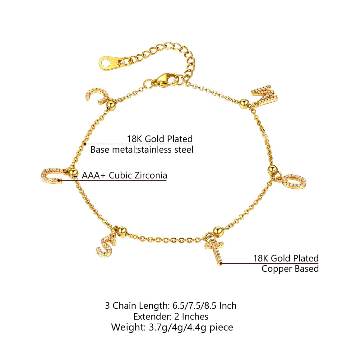 Simple custom 18k gold/platinum plated personalized alphabet charm anklet barefoot bracelet for women girls
