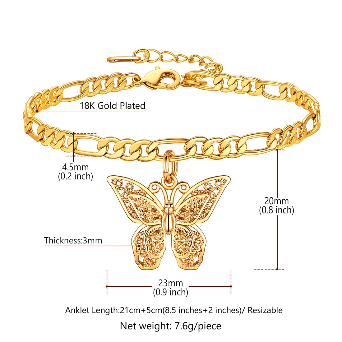 Delicate summer barefoot jewelry 18k gold plated butterfly figaro chain anklet foot bracelet for women girls