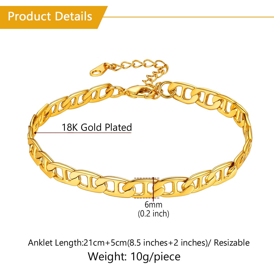 Classic summer beach barefoot jewelry 18k gold/rose gold/platinum plated diamond cut flat mariner link foot chain bracelet anklet for women girls, fit almost all ankle size foot