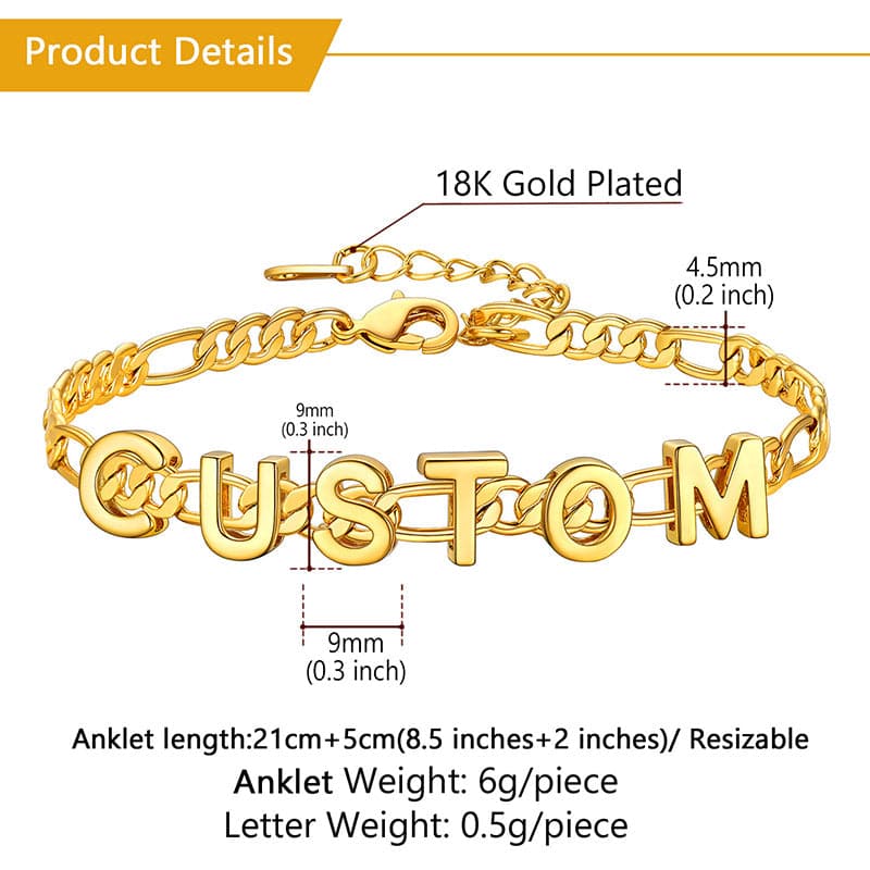 Simple shiny customize 18k gold plated monogram A-Z initials figaro chain name anklet barefoot bracelet for women girls