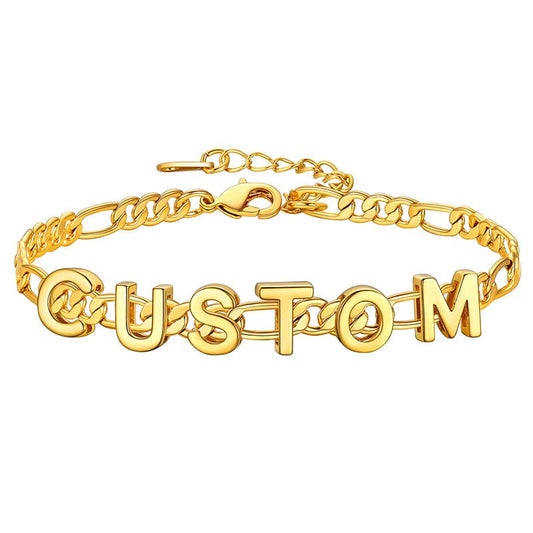 Simple shiny customize 18k gold plated monogram A-Z initials figaro chain name anklet barefoot bracelet for women girls